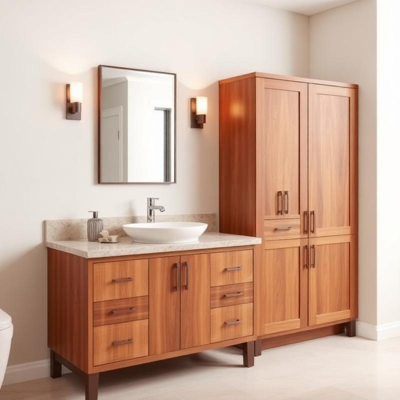 Finished bathroom vanity with stone top and wood cabinets