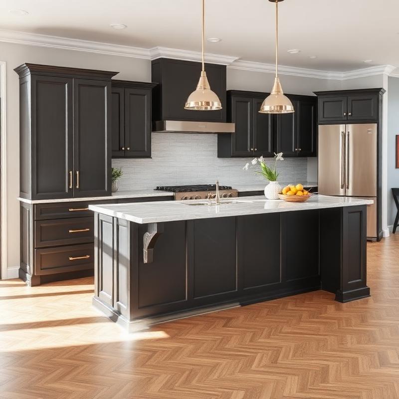 Dark cabinets with white waterfall stone kitchen island