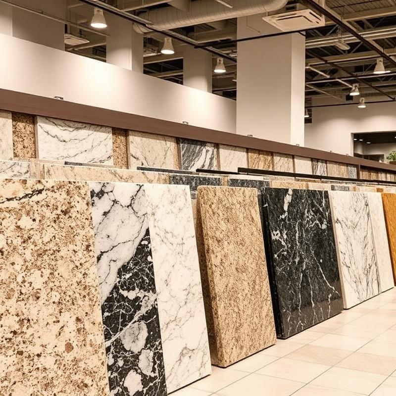 Rows of stone slab samples in a showroom